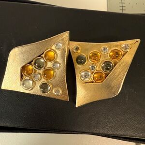 Lee Wolfe Signed Authentic statement earrings clip back geometric design 1988